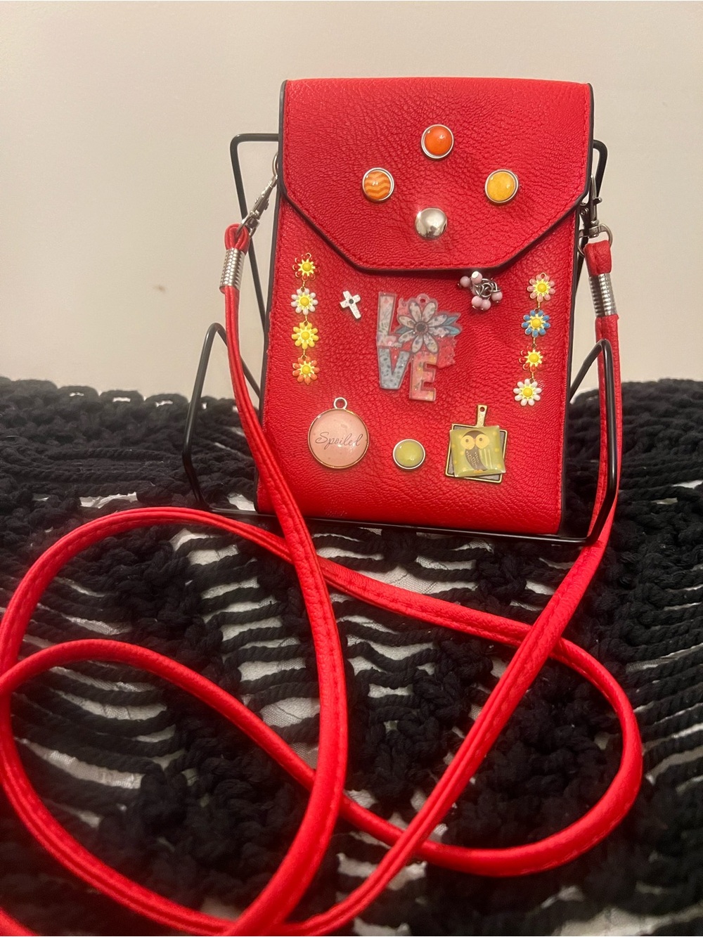 Red Embellished Crossbody Phone Bag